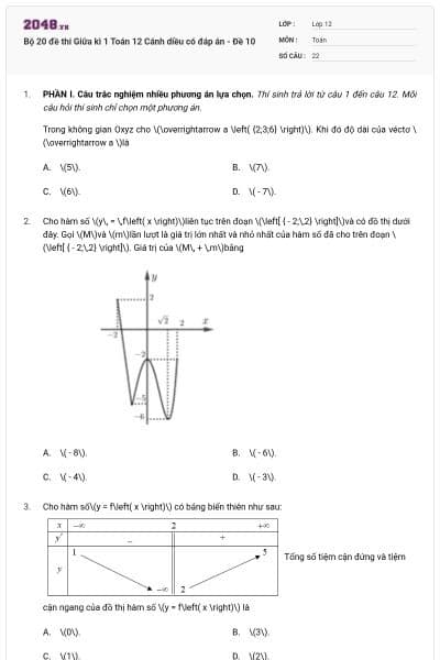 Bộ 20 đề thi Giữa kì 1 Toán 12 Cánh diều có đáp án - Đề 10