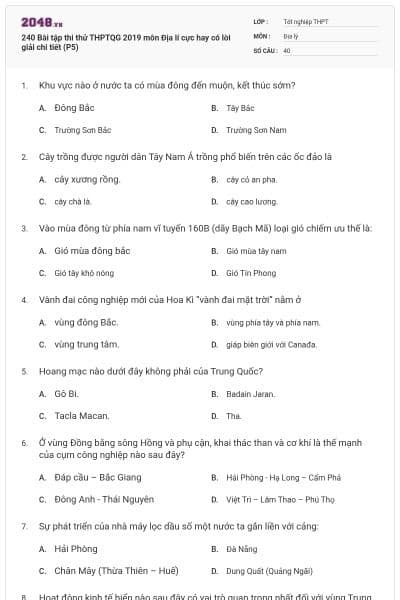 240 Bài tập thi thử THPTQG 2019 môn Địa lí cực hay có lời giải chi tiết (P5)