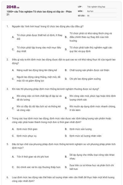 1000+ câu Trắc nghiệm Tổ chức lao động có đáp án - Phần 21