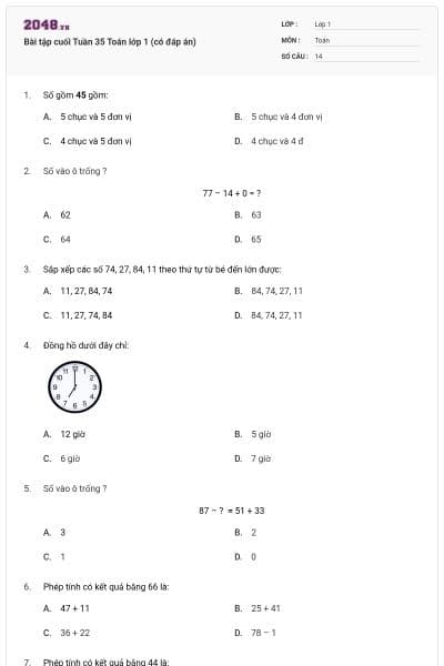 Bài tập cuối Tuần 35 Toán lớp 1 (có đáp án)