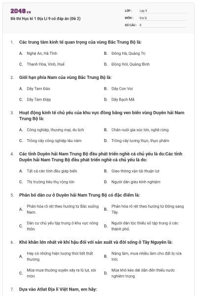 Đề thi Học kì 1 Địa Lí 9 có đáp án (Đề 2)