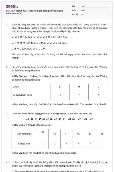 Giải SGK Toán 6 KNTT Bài 39: Bảng thống kê và biểu đồ tranh có đáp án