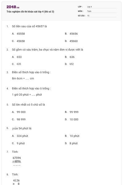 Trắc nghiệm đề thi khảo sát lớp 4 (Đề số 3)