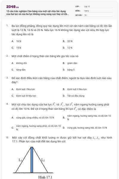 15 câu trắc nghiệm Cân bằng của một vật chịu tác dụng của hai lực và của ba lực không song song cực hay có đáp án