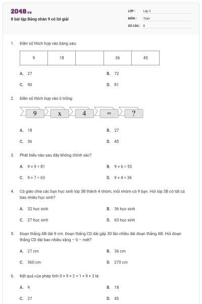 8 bài tập Bảng nhân 9 có lời giải