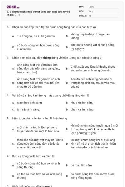 270 câu trắc nghiệm lý thuyết Sóng ánh sáng cực hay có lời giải (P1)
