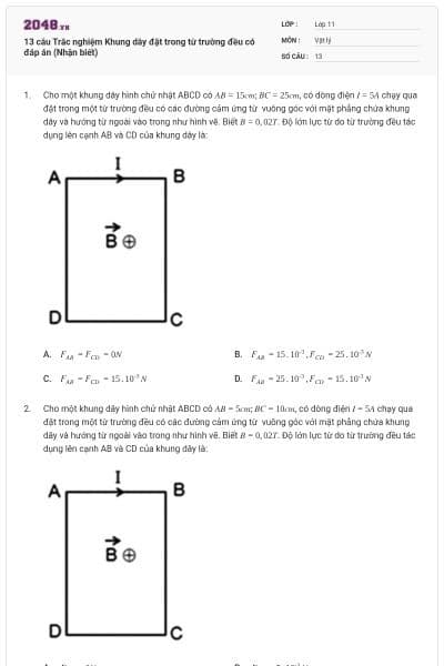 13 câu  Trắc nghiệm Khung dây đặt trong từ trường đều có đáp án (Nhận biết)