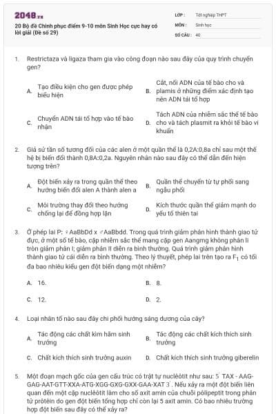 20 Bộ đề Chinh phục điểm 9-10 môn Sinh Học cực hay có lời giải (Đề số 29)
