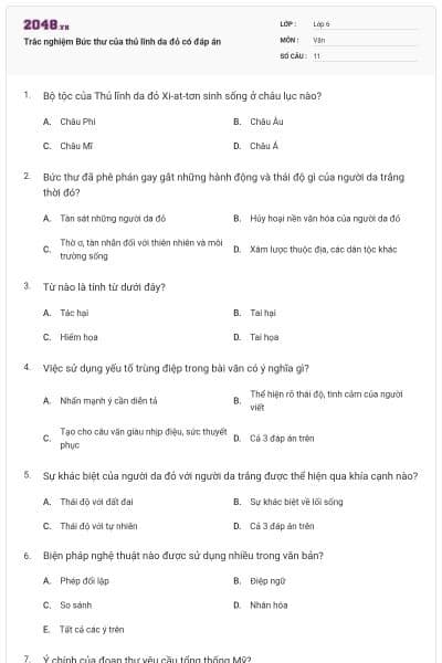 Trắc nghiệm Bức thư của thủ lĩnh da đỏ có đáp án