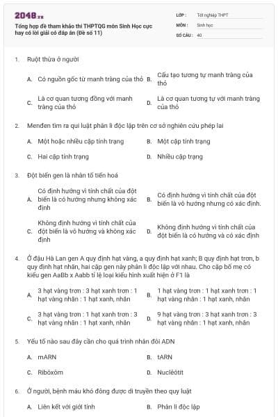 Tổng hợp đề tham khảo thi THPTQG môn Sinh Học cực hay có lời giải có đáp án (Đề số 11)