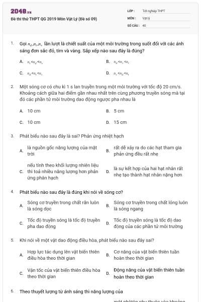 Đề thi thử THPT QG 2019 Môn Vật Lý (Đề số 09)