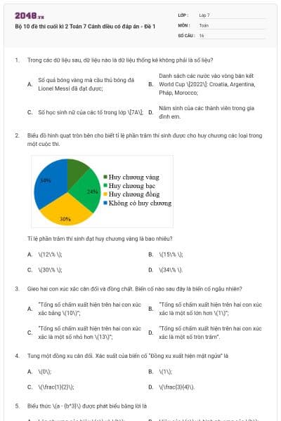 Bộ 10 đề thi cuối kì 2 Toán 7 Cánh diều có đáp án - Đề 1