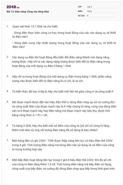 Bài 13: Điện năng-Công của dòng điện