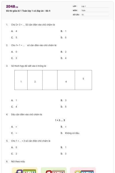 Đề thi giữa kì 1 Toán lớp 1 có đáp án - Đề 4
