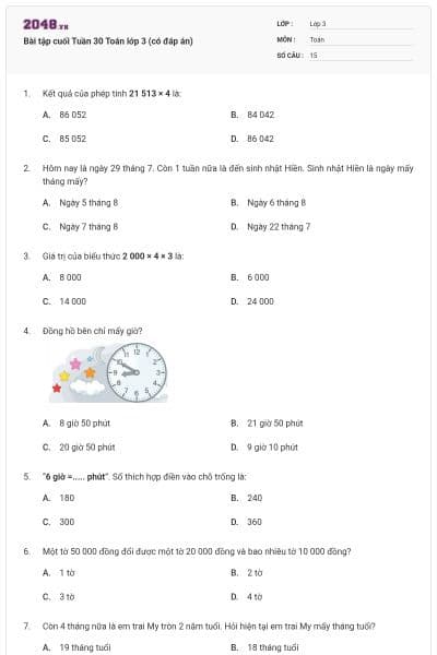 Bài tập cuối Tuần 30 Toán lớp 3 (có đáp án)