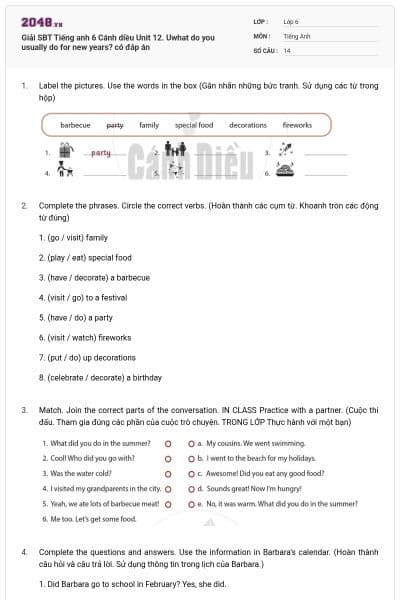 Giải SBT Tiếng anh 6 Cánh diều Unit 12. Uwhat do you usually do for new years? có đáp án