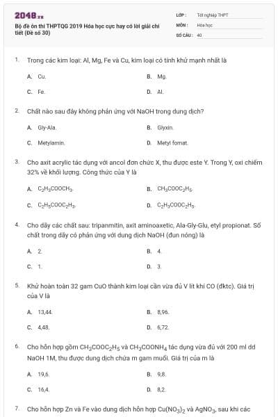 Bộ đề ôn thi THPTQG 2019 Hóa học cực hay có lời giải chi tiết (Đề số 30)