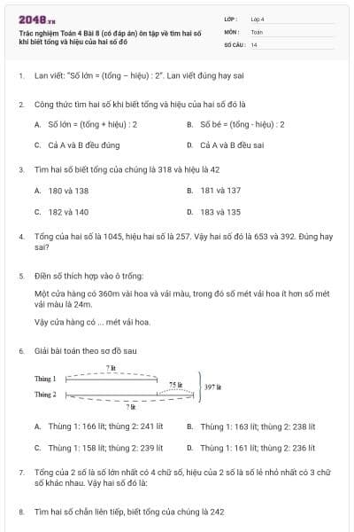 Trắc nghiệm Toán 4 Bài 8 (có đáp án) ôn tập về tìm hai số khi biết tổng và hiệu của hai số đó
