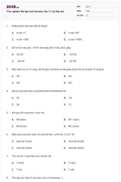 Trắc nghiệm Bài tập cuối chương I lớp 11 (có đáp án)