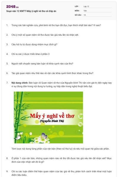 Soạn văn 12 KNTT Mấy ý nghĩ về thơ có đáp án
