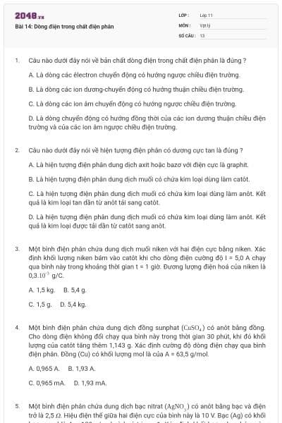Bài 14: Dòng điện trong chất điện phân