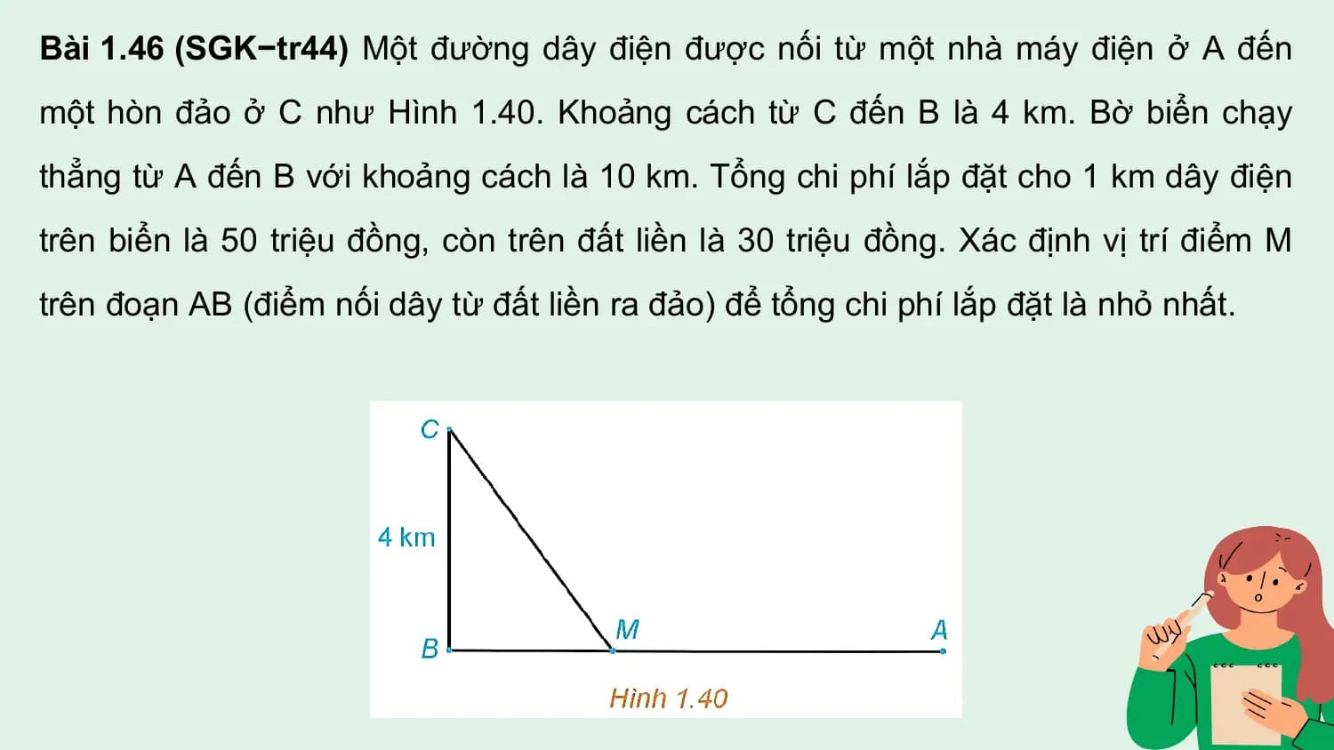 Bài 1.46 (SGK−tr44) Một đường dây điện được nối từ một nhà máy điện ở A đến
một hòn đảo ở C như Hình 1.40. Khoảng cách từ C đến B là 4 km. Bờ biển chạy
thẳng từ A đến B với khoảng cách là 10 km. Tổng chi phí lắp đặt cho 1 km dây điện
trên biển là 50 triệu đồng, còn trên đất liền là 30 triệu đồng. Xác định vị trí điểm M
trên đoạn AB (điểm nối dây từ đất liền ra đảo) để tổng chi phí lắp đặt là nhỏ nhất.