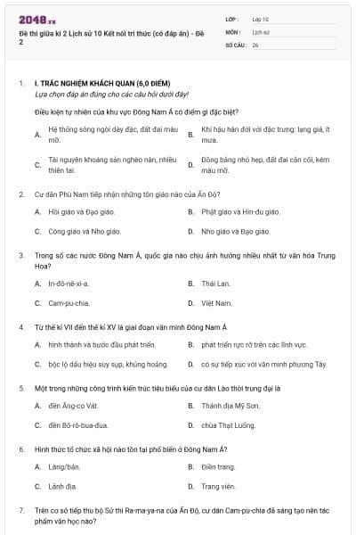Đề thi giữa kì 2 Lịch sử 10 Kết nối tri thức (có đáp án) - Đề 2
