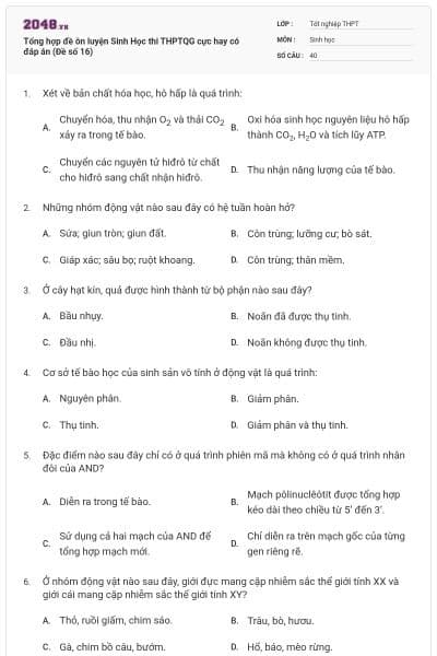 Tổng hợp đề ôn luyện Sinh Học thi THPTQG cực hay có đáp án (Đề số 16)