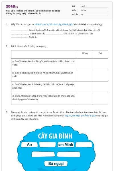 Giải VBT Tin học lớp 3 Bài 8. Sơ đồ hình cây. Tổ chức thông tin trong máy tính có đáp án