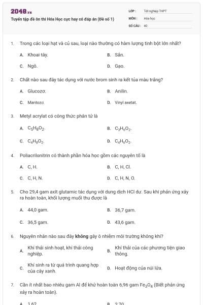 Tuyển tập đề ôn thi Hóa Học cực hay có đáp án (Đề số 1)