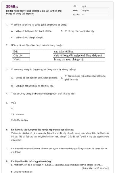 Bài tập hàng ngày Tiếng Việt lớp 3 Bài 22: Sự tích ông Đùng, bà Đùng (có đáp án)