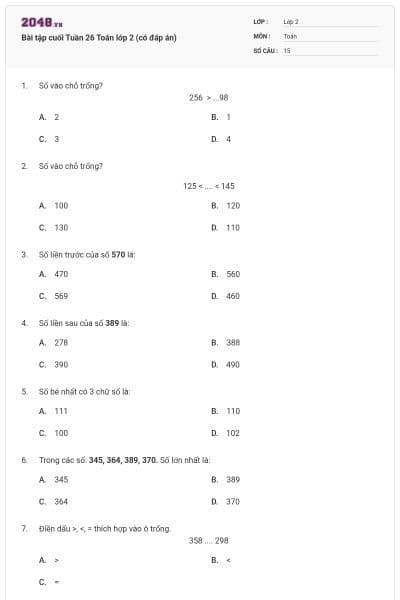 Bài tập cuối Tuần 26 Toán lớp 2 (có đáp án)