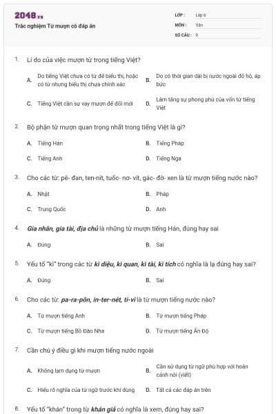 Trắc nghiệm Từ mượn có đáp án