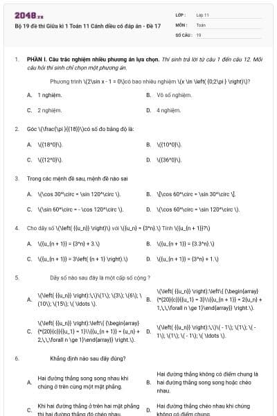 Bộ 19 đề thi Giữa kì 1 Toán 11 Cánh diều có đáp án - Đề 17