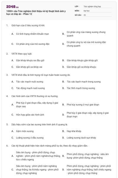 1000+ câu Trắc nghiệm Giới thiệu về kỹ thuật hình ảnh y học có đáp án - Phần 12