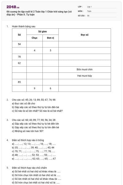 Đề cương ôn tập cuối kì 2 Toán lớp 1 Chân trời sáng tạo (có đáp án) - Phần II. Tự luận