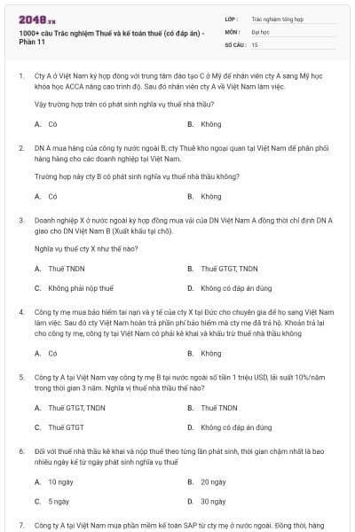 1000+ câu Trắc nghiệm Thuế và kế toán thuế (có đáp án) - Phần 11
