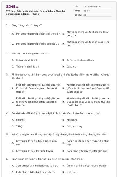 200+ câu Trắc nghiệm Nghiên cứu và đánh giá Quan hệ công chúng có đáp án - Phần 3