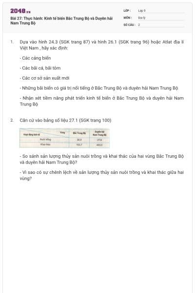 Bài 27: Thực hành: Kinh tế biển Bắc Trung Bộ và Duyên hải Nam Trung Bộ