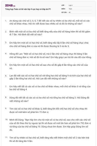 Tổng hợp Toán có lời văn lớp 4 cực hay có đáp án P1