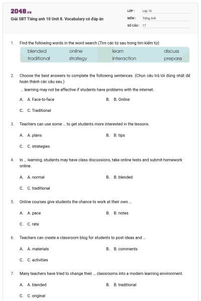 Giải SBT Tiếng anh 10 Unit 8. Vocabulary có đáp án