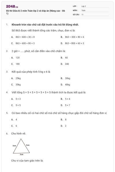 Đề thi Giữa kì 2 môn Toán lớp 2 có đáp án (Nâng cao - Đề 1)