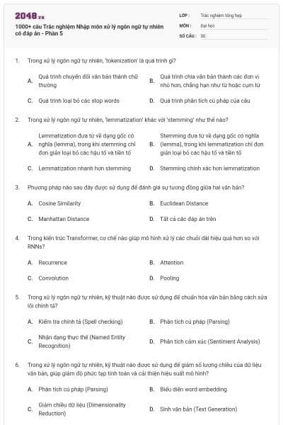 1000+ câu Trắc nghiệm Nhập môn xử lý ngôn ngữ tự nhiên có đáp án - Phần 5