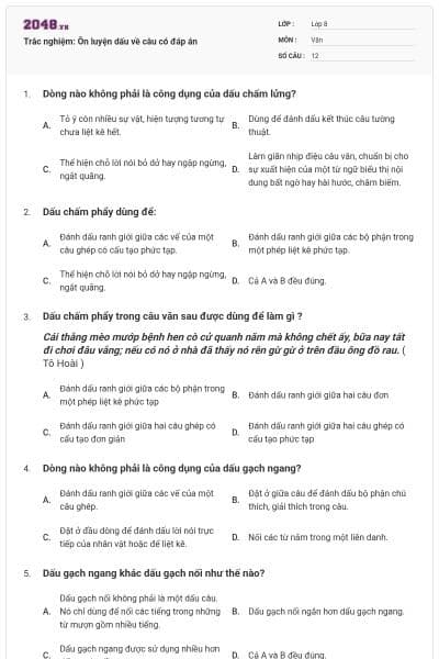 Trắc nghiệm: Ôn luyện dấu về câu có đáp án