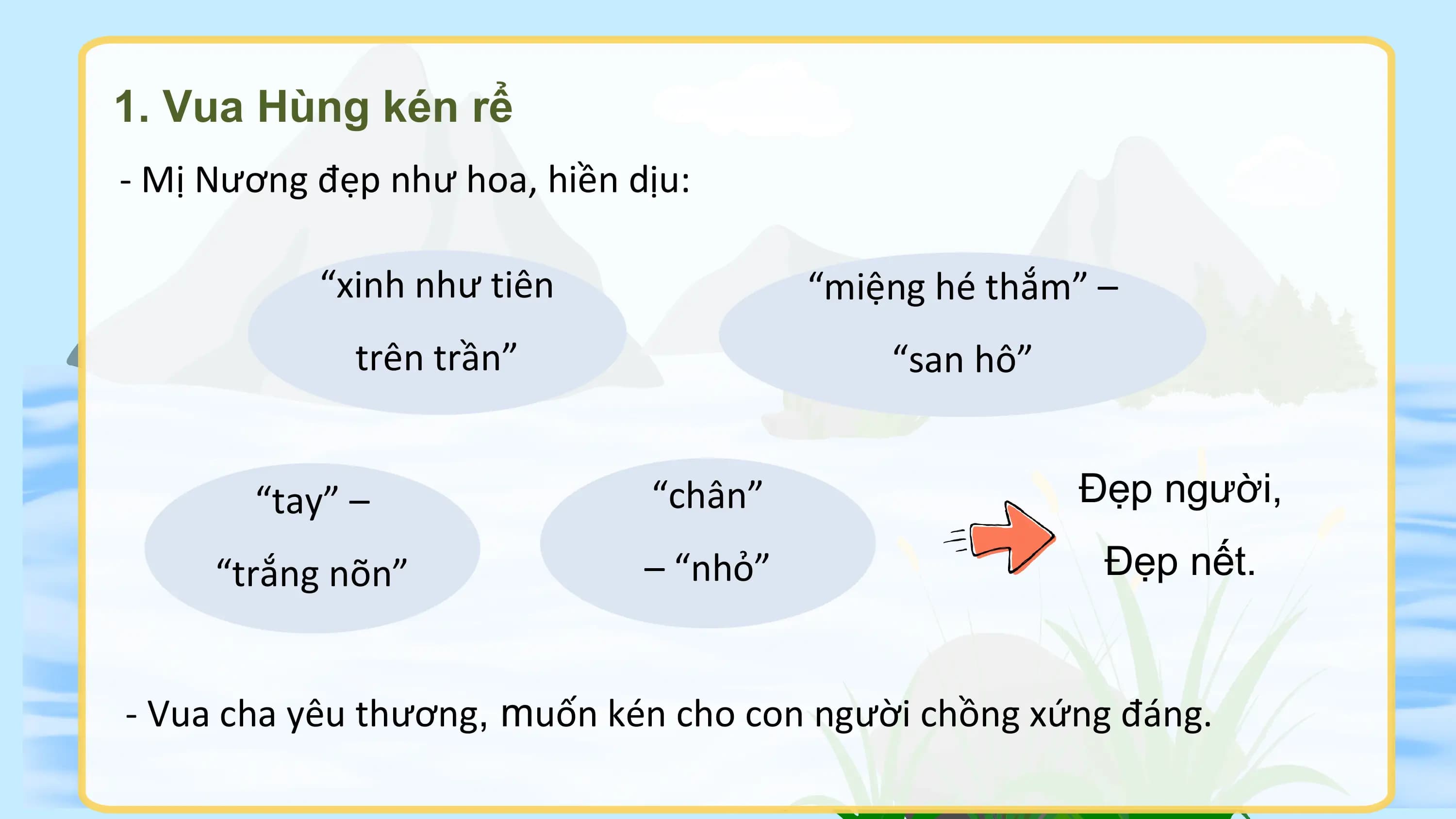 1. Vua Hùng kén rể
- Mị Nương đẹp như hoa, hiền dịu:

 “xinh như tiên “miệng hé thắm” –
 trên trần” “san hô”

 “tay” – “chân” Đẹp người,

 “trắng nõn” – “nhỏ” Đẹp nết.

- Vua cha yêu thương, muốn kén cho con người chồng xứng đáng.