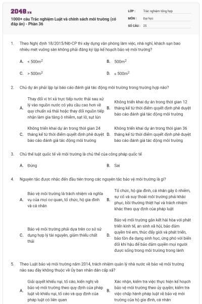 1000+ câu Trắc nghiệm Luật và chính sách môi trường (có đáp án) - Phần 36
