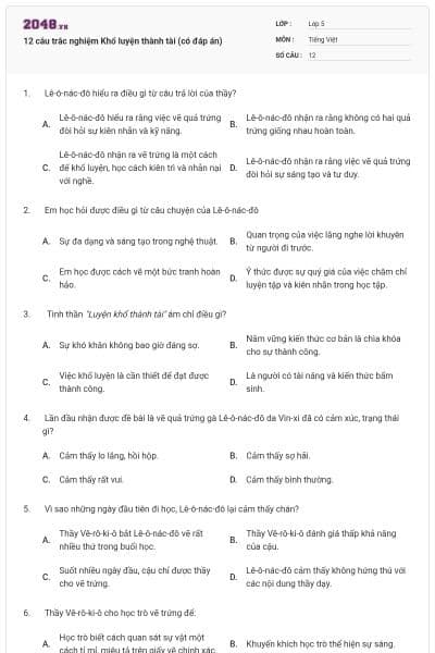 12 câu trắc nghiệm Khổ luyện thành tài (có đáp án)