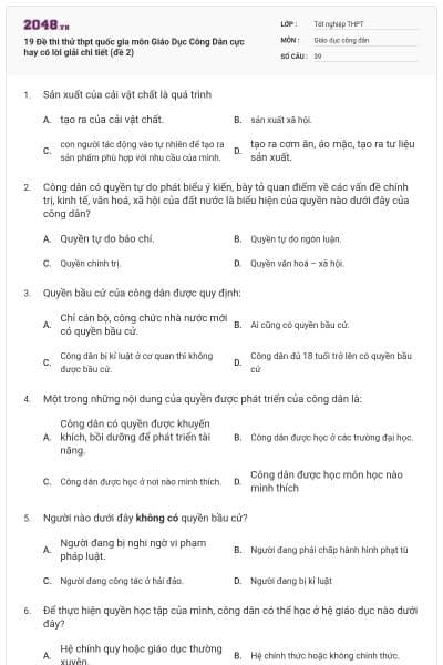 19 Đề thi thử thpt quốc gia môn Giáo Dục Công Dân cực hay có lời giải chi tiết (đề 2)