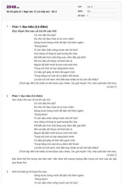 Đề thi giữa kì 1 Ngữ văn 12 (có đáp án) - Đề 3