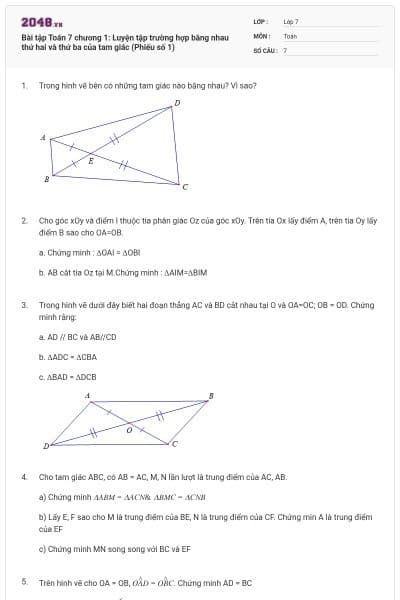Bài tập Toán 7 chương 1: Luyện tập trường hợp bằng nhau thứ hai và thứ ba của tam giác (Phiếu số 1)